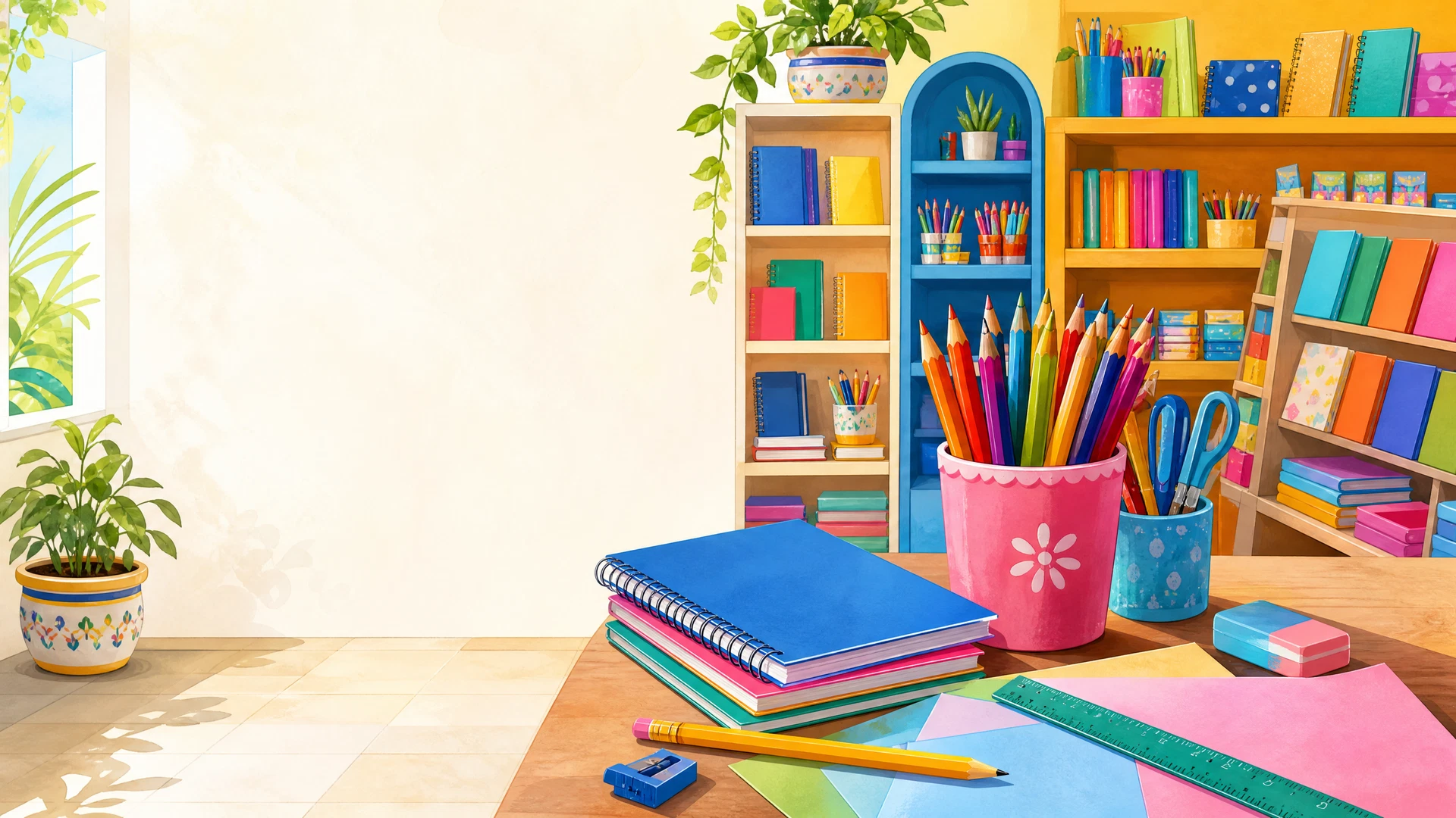 Ilustración colorida de útiles escolares, cuadernos, lápices y materiales de papelería.